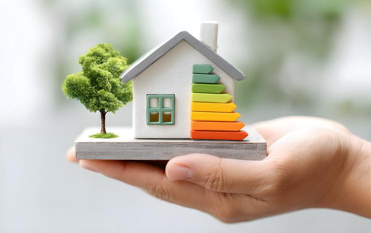 Hand hält Modellhaus mit Energieskala.